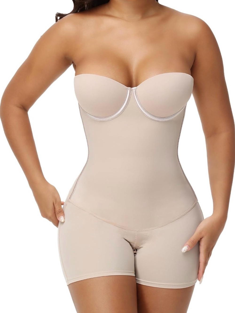 Seamless Strapless Nude Shaping Bodysuit with Short Legs